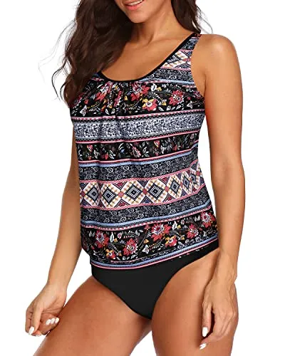 2 Piece Stylish Tankini Swimsuits For Women No Show Cleavage-Black Tribal