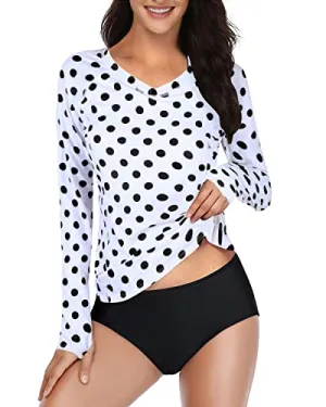 2 Piece Swimsuit With Built In Bra & Shorts For Women Rash Guard Long Sleeve-Black Dot