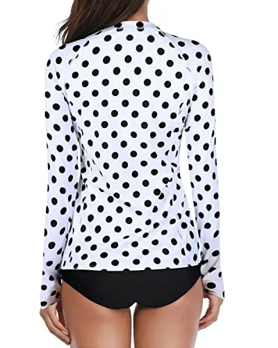 2 Piece Swimsuit With Built In Bra & Shorts For Women Rash Guard Long Sleeve-Black Dot