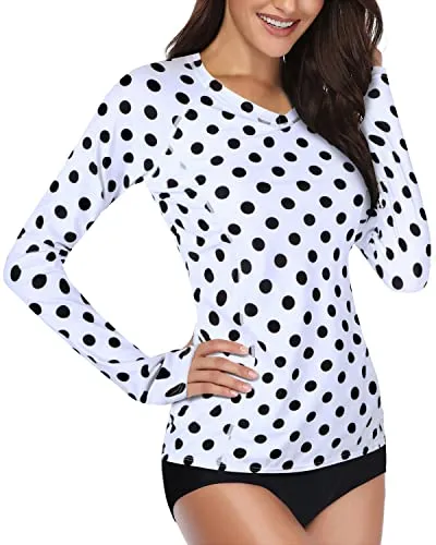 2 Piece Swimsuit With Built In Bra & Shorts For Women Rash Guard Long Sleeve-Black Dot