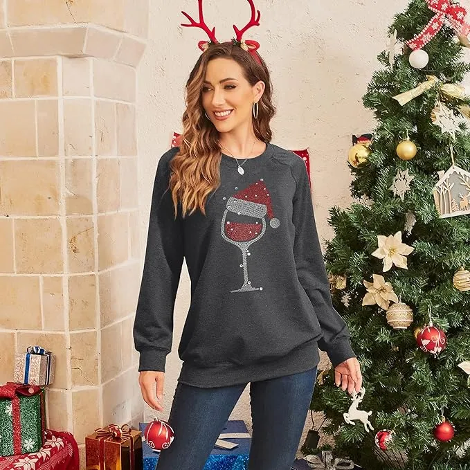 Achinel Womens Christmas Top Long Sleeve Sweatshirts Ladies Xmas Tops Sparkly Wine Glass Shirts Casual Merry Chirtsmas Blouse