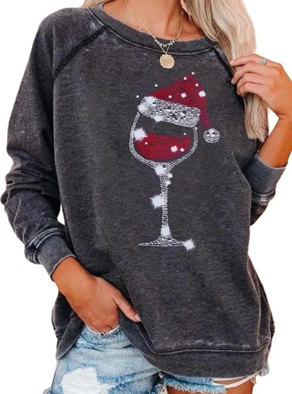 Achinel Womens Christmas Top Long Sleeve Sweatshirts Ladies Xmas Tops Sparkly Wine Glass Shirts Casual Merry Chirtsmas Blouse