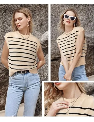 Arach&Cloz Womens Summer Fall 2024 Sweater Vest Cap Sleeve Striped Fashion Casual Cute Trendy Tops Business Casual Outfits Work Dressy Blouse Apricot