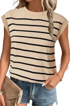 Arach&Cloz Womens Summer Fall 2024 Sweater Vest Cap Sleeve Striped Fashion Casual Cute Trendy Tops Business Casual Outfits Work Dressy Blouse Apricot