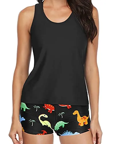 Athletic 3-Piece Tankini Swimsuits Tummy Control Shorts-Black Dinosaur