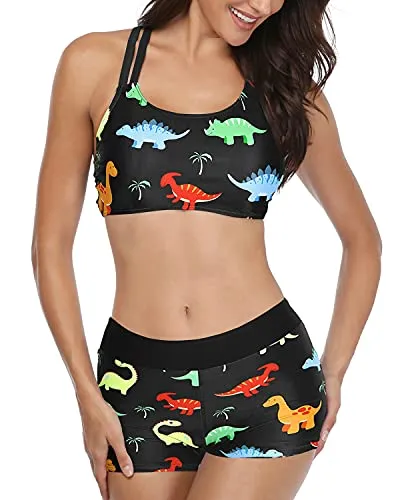 Athletic 3-Piece Tankini Swimsuits Tummy Control Shorts-Black Dinosaur