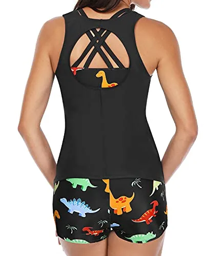 Athletic 3-Piece Tankini Swimsuits Tummy Control Shorts-Black Dinosaur