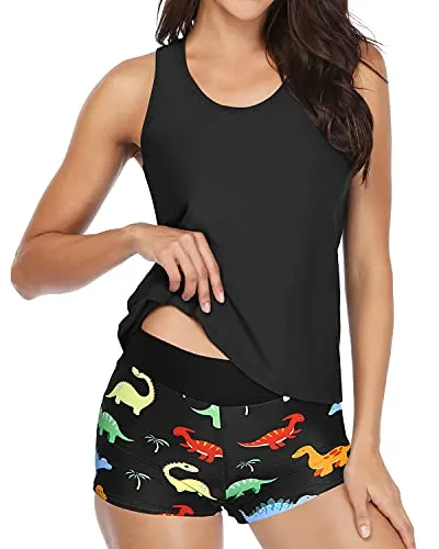 Athletic 3-Piece Tankini Swimsuits Tummy Control Shorts-Black Dinosaur