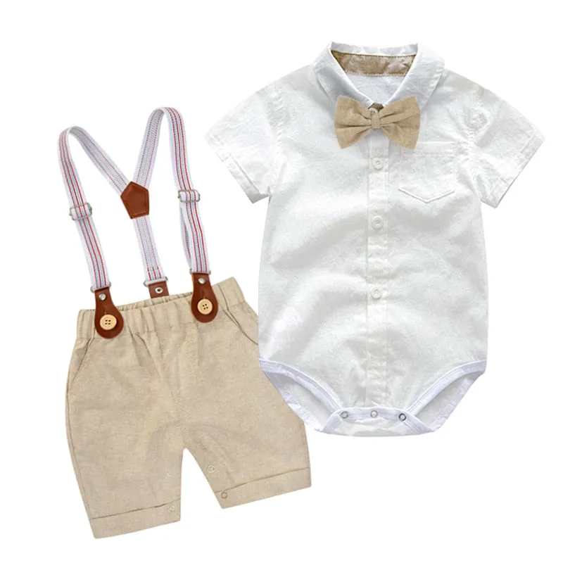 Baby Boy Clothes Summer Gentleman Birthday Suits Newborn Party Dress Soft Cotton Solid Romper   Belt Pants Infant Toddler Set