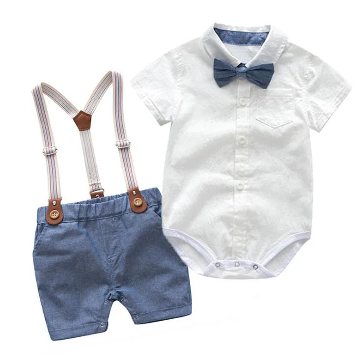 Baby Boy Clothes Summer Gentleman Birthday Suits Newborn Party Dress Soft Cotton Solid Romper   Belt Pants Infant Toddler Set