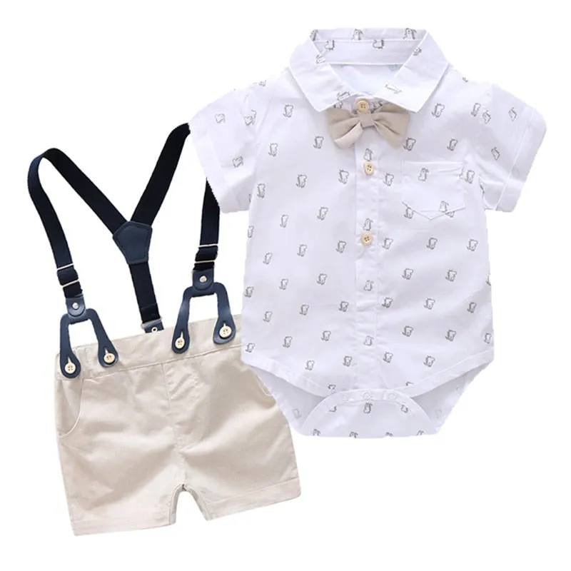 Baby Boy Clothes Summer Gentleman Birthday Suits Newborn Party Dress Soft Cotton Solid Romper   Belt Pants Infant Toddler Set