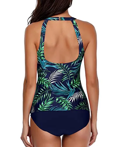 Beach Ready Backless Deep Scoop Back Tankini Bathing Suit-Blue Leaf