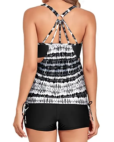 Blouson Tankini Top With Sporty Boy Shorts For Women Two Piece Bathing Suit-Black Tribal