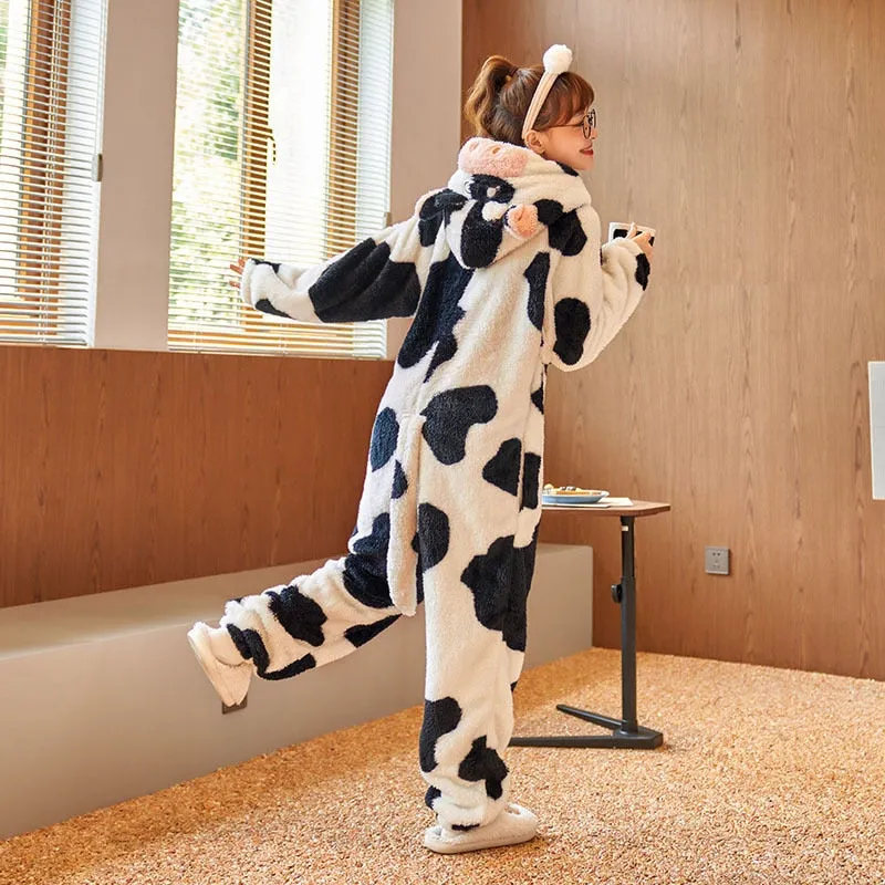 Cartoon Cow One-Piece Pajama Sets - Winter Thicken Soft and Warm Sleepwear for Women and Men