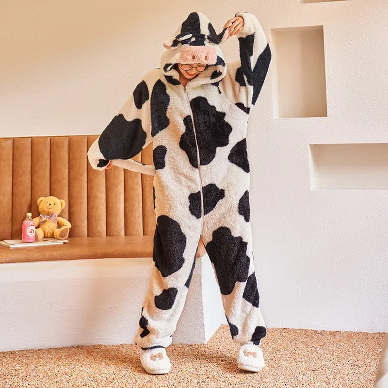 Cartoon Cow One-Piece Pajama Sets - Winter Thicken Soft and Warm Sleepwear for Women and Men