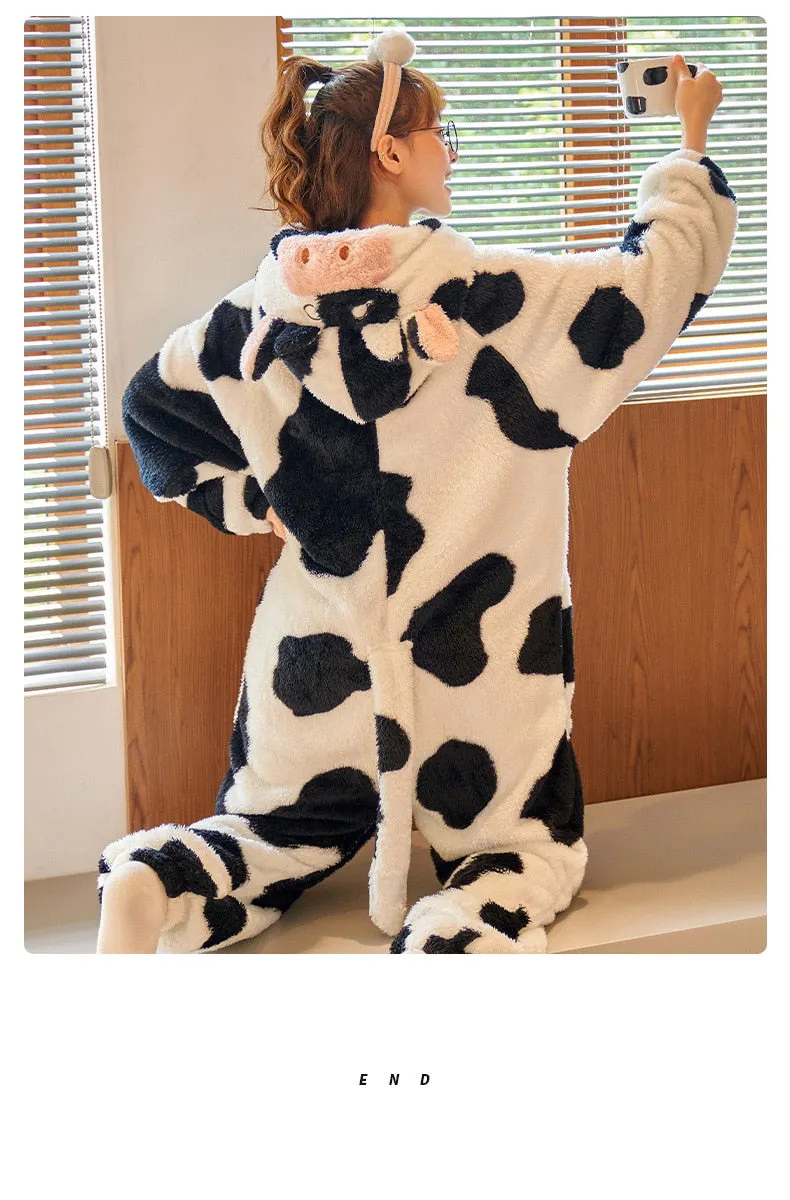 Cartoon Cow One-Piece Pajama Sets - Winter Thicken Soft and Warm Sleepwear for Women and Men