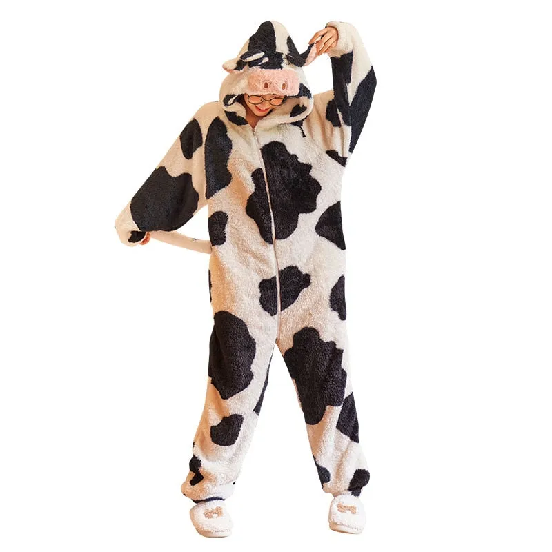 Cartoon Cow One-Piece Pajama Sets - Winter Thicken Soft and Warm Sleepwear for Women and Men