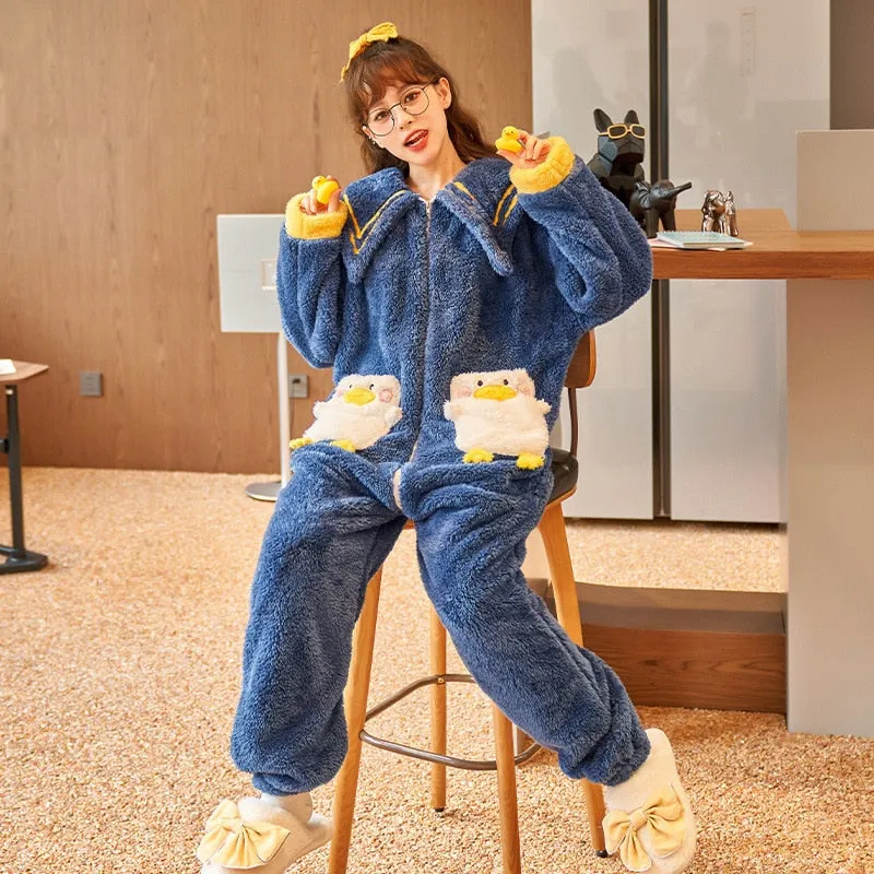 Cartoon Cow One-Piece Pajama Sets - Winter Thicken Soft and Warm Sleepwear for Women and Men