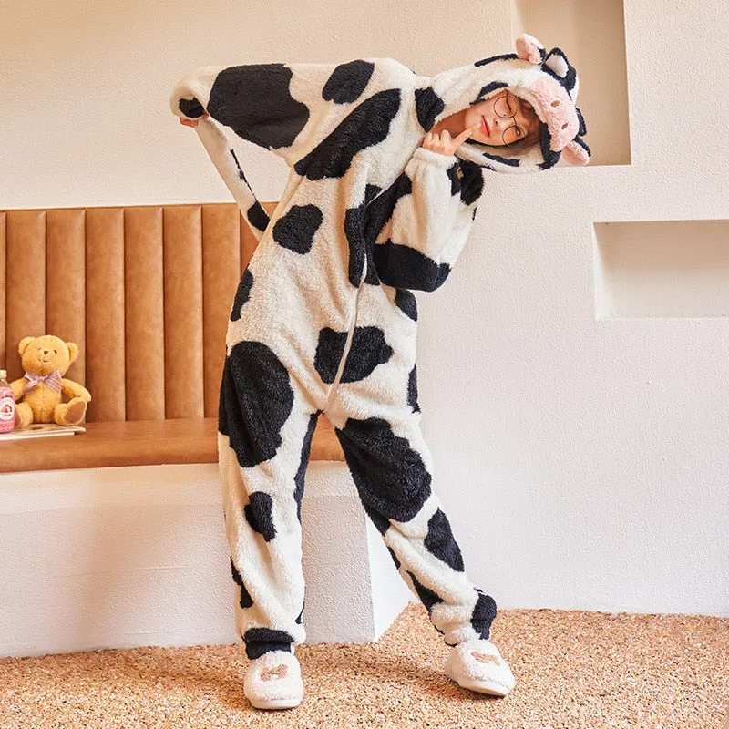 Cartoon Cow One-Piece Pajama Sets - Winter Thicken Soft and Warm Sleepwear for Women and Men