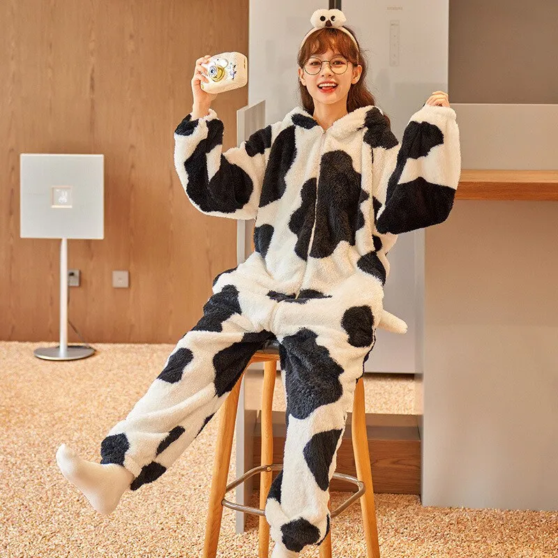 Cartoon Cow One-Piece Pajama Sets - Winter Thicken Soft and Warm Sleepwear for Women and Men