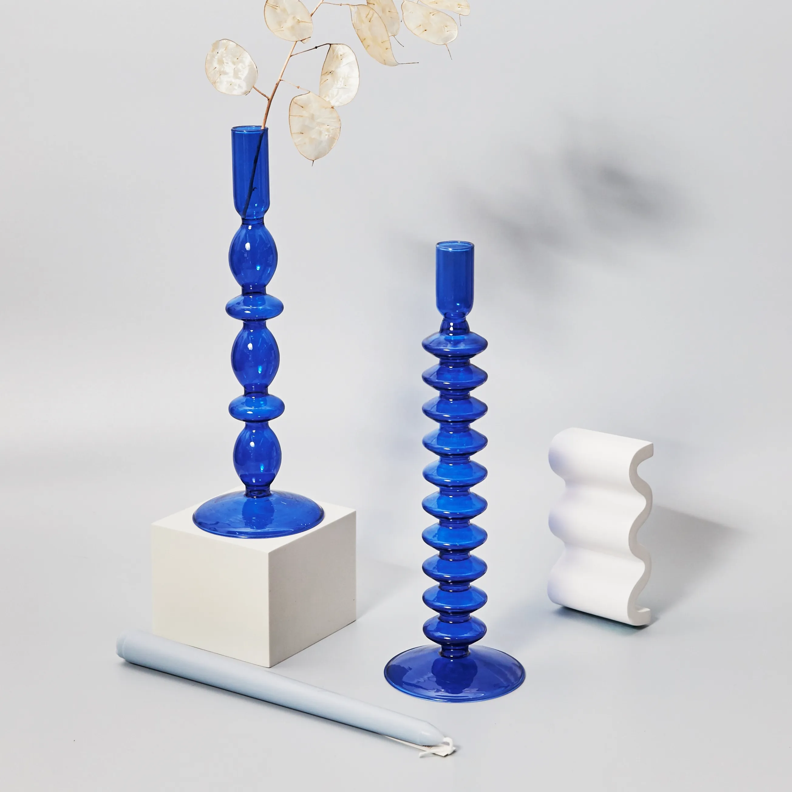 Cobalt Blown Glass Candle Holders