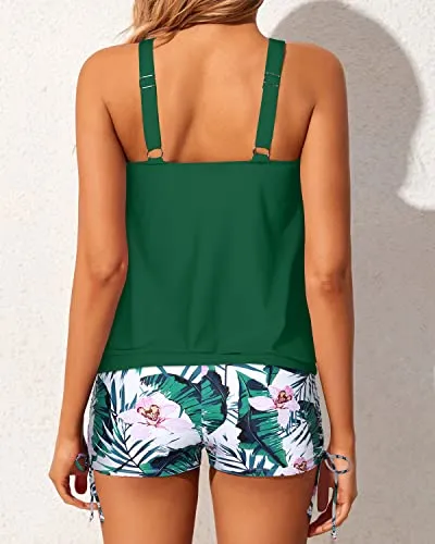 Comfortable Blouson Tankini Swimsuits For Teens Removable Padding-Green Tropical Floral