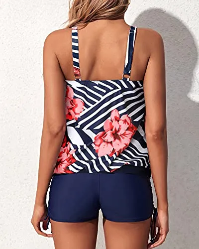 Comfortable Two Piece Blouson Tankini Swimsuits For Women-Blue Floral