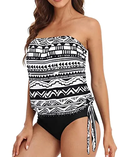 Detachable Straps Bandeau Tankini Swimsuits For Women-Black Tribal