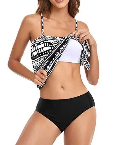 Detachable Straps Bandeau Tankini Swimsuits For Women-Black Tribal