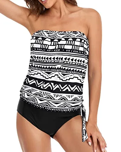 Detachable Straps Bandeau Tankini Swimsuits For Women-Black Tribal