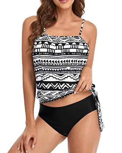 Detachable Straps Bandeau Tankini Swimsuits For Women-Black Tribal