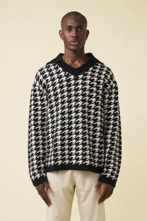 DOGTOOTH WOOL V NECK KNIT SWEATER