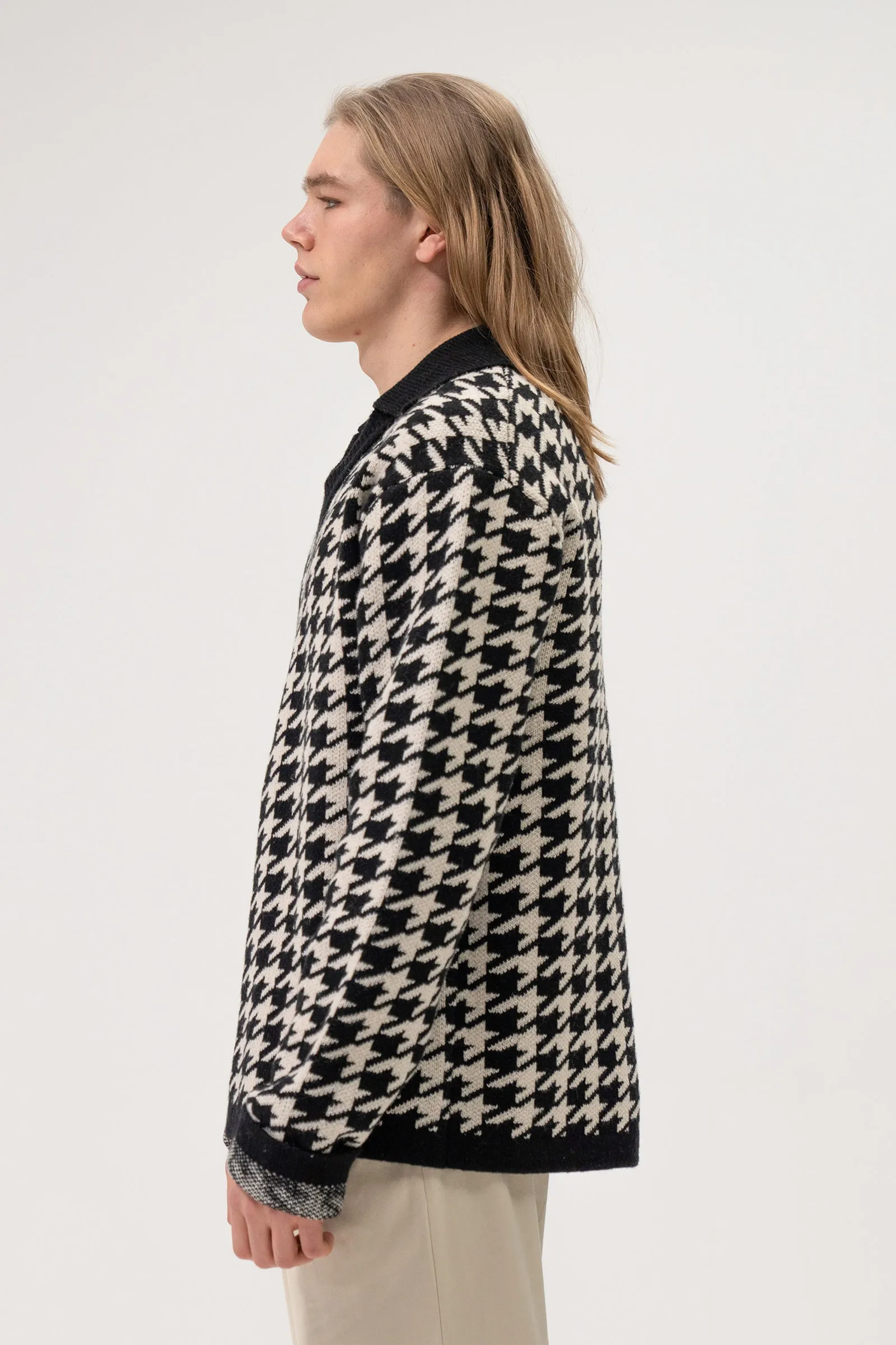 DOGTOOTH WOOL V NECK KNIT SWEATER