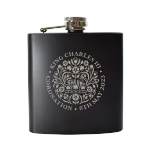 Engraved Commemorative Coronation of the King Black Hip Flask