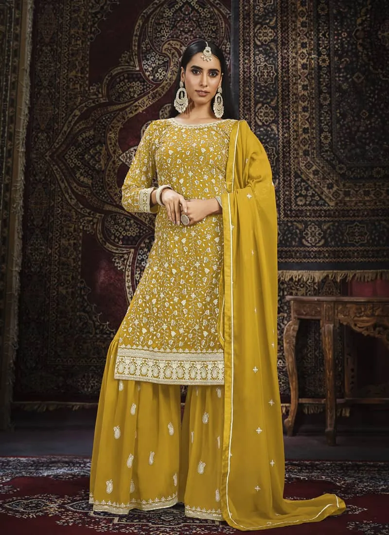 Exquisite Faux Georgette Gharara Suit Set with Intricate Embroidery