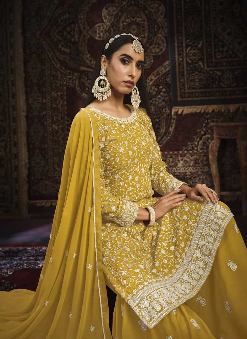 Exquisite Faux Georgette Gharara Suit Set with Intricate Embroidery