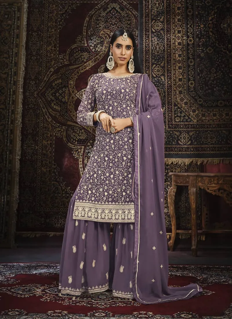 Exquisite Faux Georgette Gharara Suit Set with Intricate Embroidery