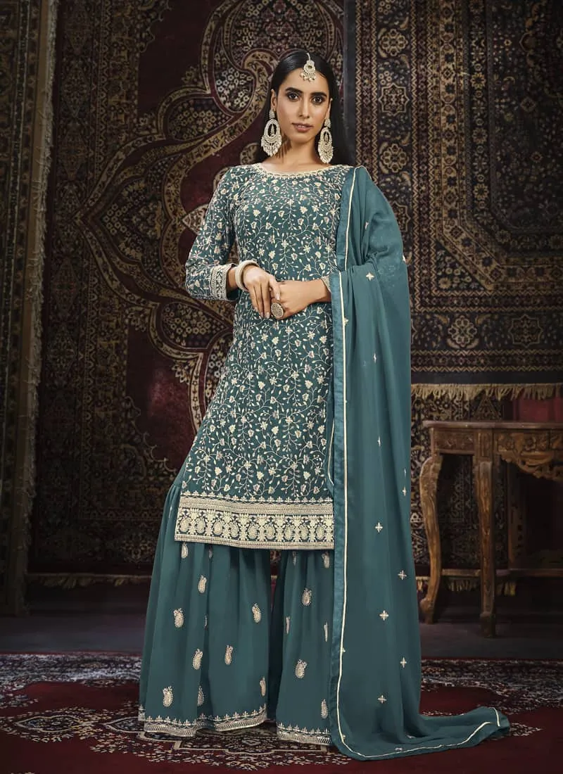 Exquisite Faux Georgette Gharara Suit Set with Intricate Embroidery