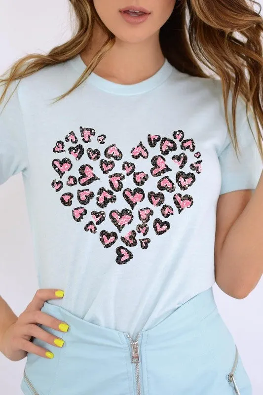 Faux Sequins Leopard Heart Graphic Tee