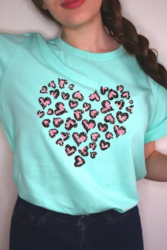 Faux Sequins Leopard Heart Graphic Tee