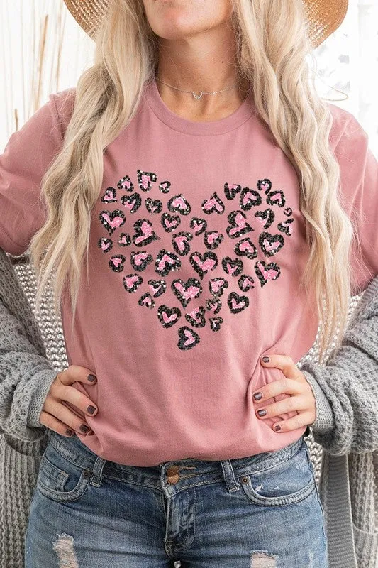 Faux Sequins Leopard Heart Graphic Tee