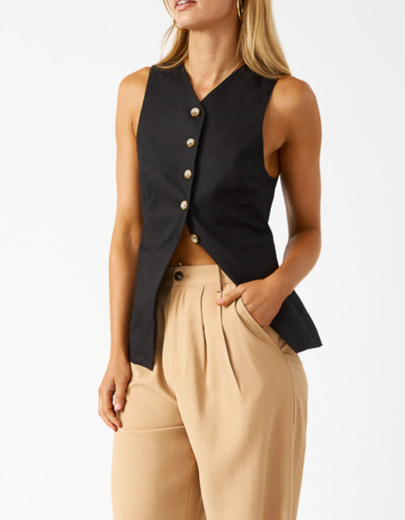 Gisele Button Down Longline Vest in Black