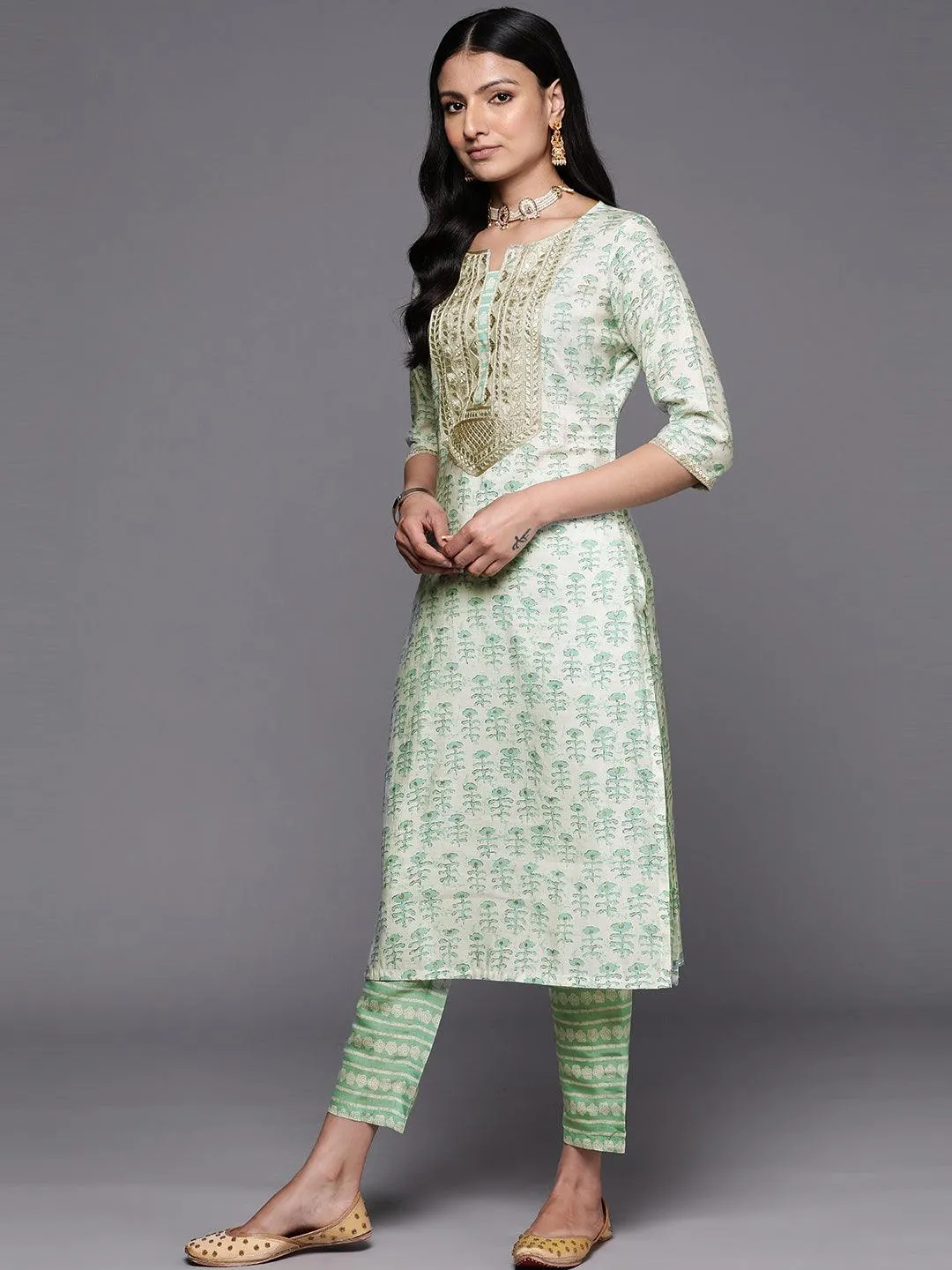 Green Printed Silk Straight Kurta With Trousers