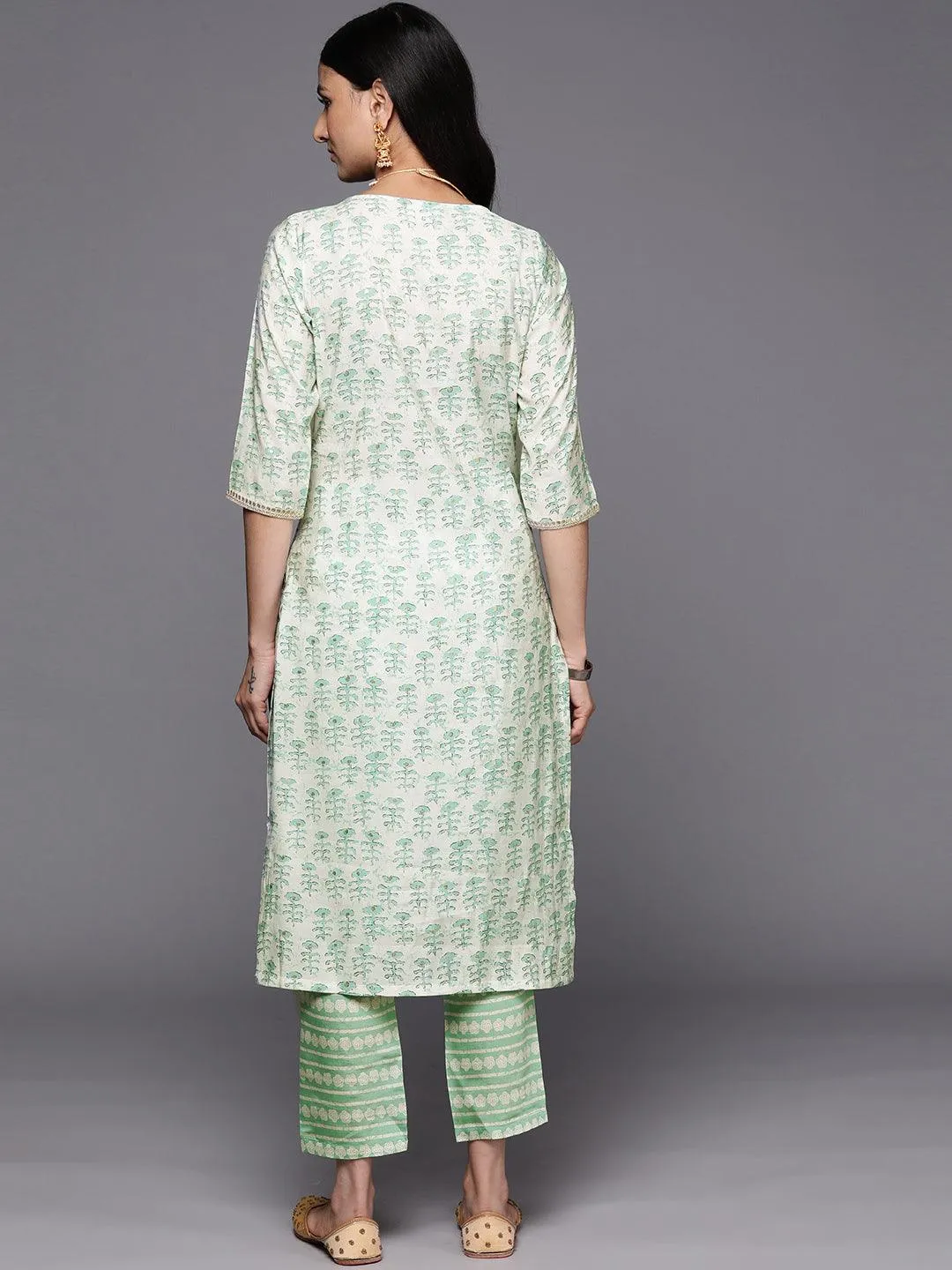 Green Printed Silk Straight Kurta With Trousers