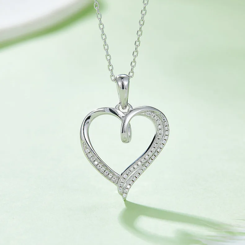 Half Double Layer Heart Shape Pendant Moissanite Sterling Silver Necklace