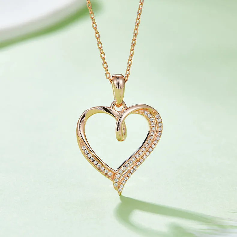 Half Double Layer Heart Shape Pendant Moissanite Sterling Silver Necklace