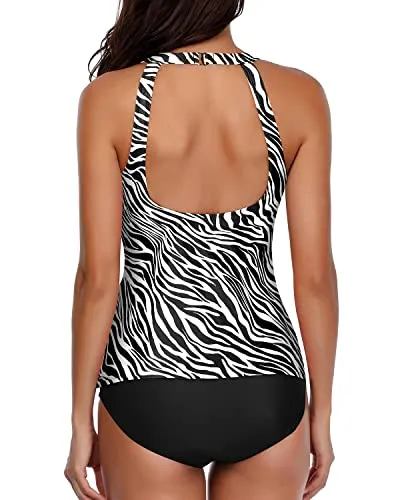 Halter Neck Slimming Tankini Bathing Suits-Zebra Pattern