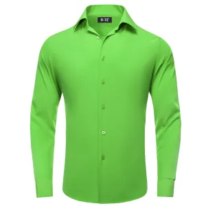 Hi-Tie Long Sleeve Shirt Green Solid Casual Men's Dress Shirt Top Wear