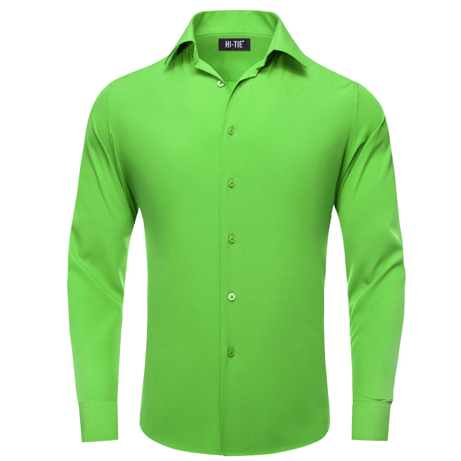 Hi-Tie Long Sleeve Shirt Green Solid Casual Men's Dress Shirt Top Wear