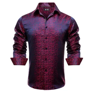 Hi-Tie Shirts Burgundy Red Blue Pattern Novelty Men Long Sleeve Shirt